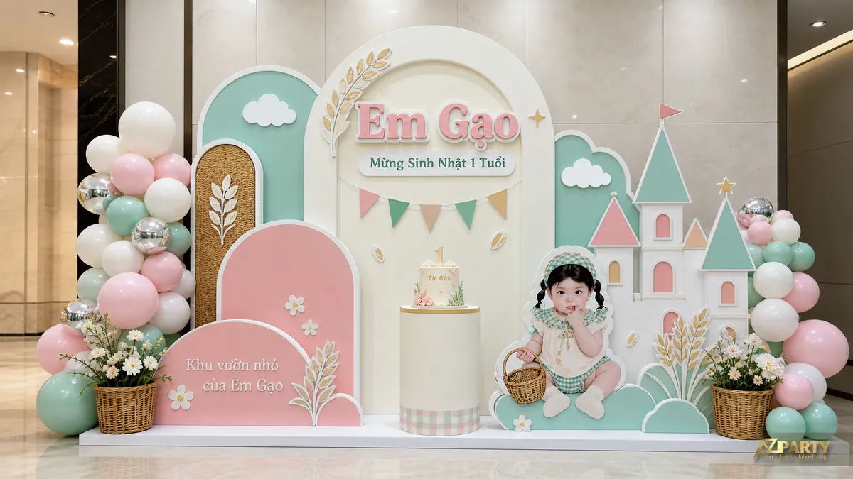 Góc thôi nôi bé Em Gạo màu xanh mint hồng với lâu đài và giỏ hoa nhỏ