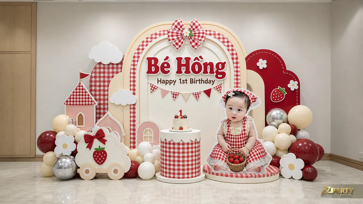 Backdrop caro đỏ cho bé Hồng với nơ lớn, xe ngựa và cụm bóng đỏ trắng