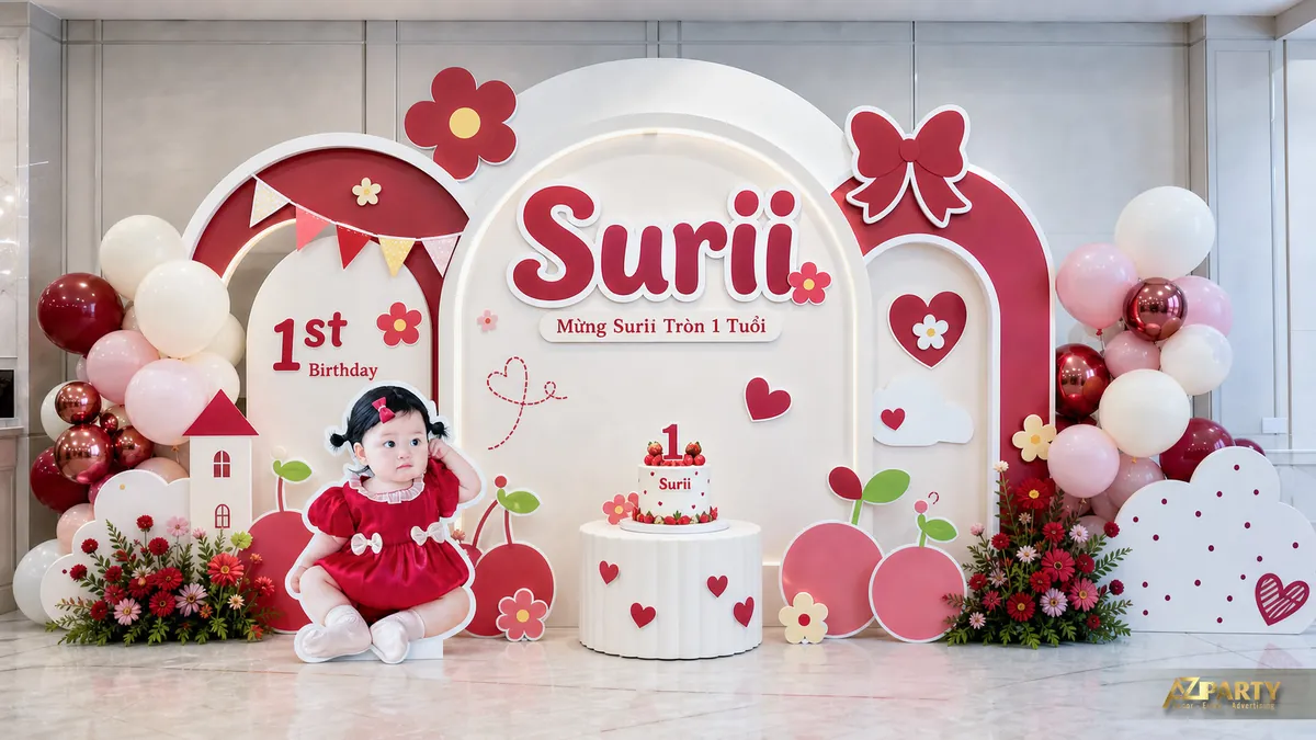 Mẫu thôi nôi bé Surii màu đỏ trắng với cherry, hoa và họa tiết nơ