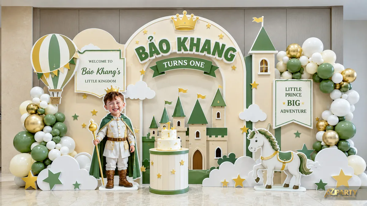 Lâu đài xanh lá với khinh khí cầu, hươu nhỏ, mô hình số 1 và bảng tên Bảo Khang