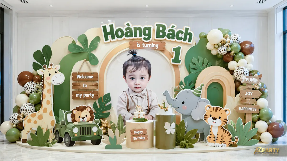 Chủ đề safari với xe jeep, hươu cao cổ, thỏ nhỏ và cụm bóng xanh nâu