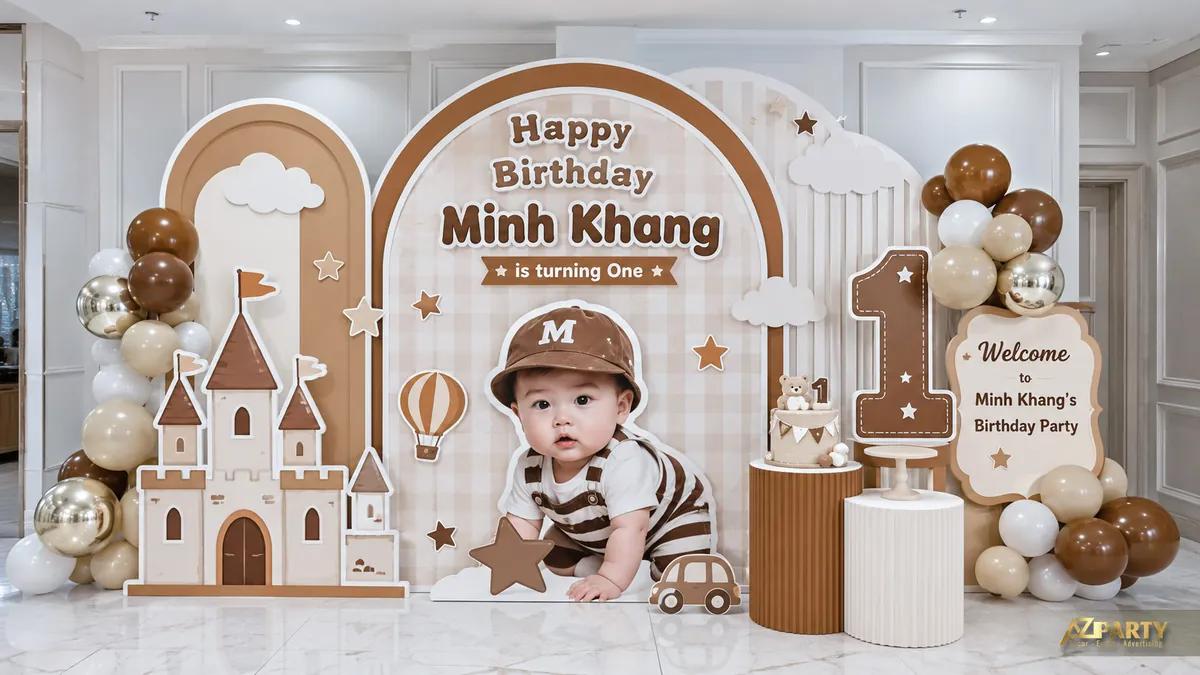 Set nâu kem với lâu đài, xe nhỏ, mũ bóng chày và bàn bánh