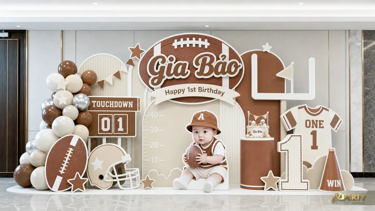 Chủ đề bóng bầu dục tone nâu với trái bóng, bảng touchdown và mô hình số 1