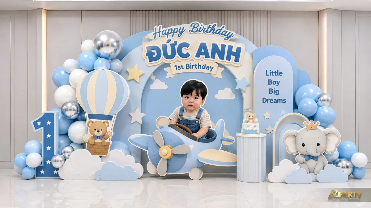 Tông xanh baby với khinh khí cầu, thỏ trắng, mây và mô hình số 1