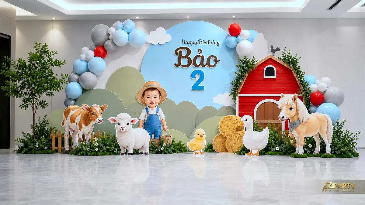 Backdrop thôi nôi nông trại với nhà kho đỏ và các con vật nhỏ