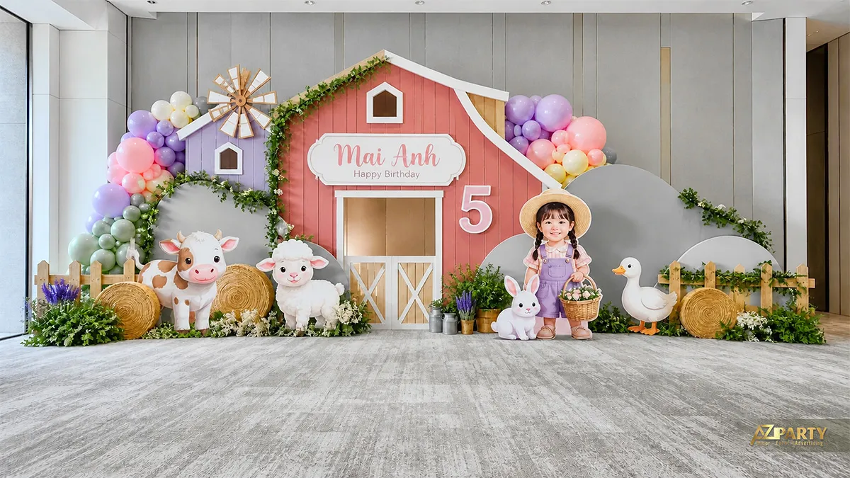 Mẫu nông trại pastel hồng xanh dành cho tiệc của bé