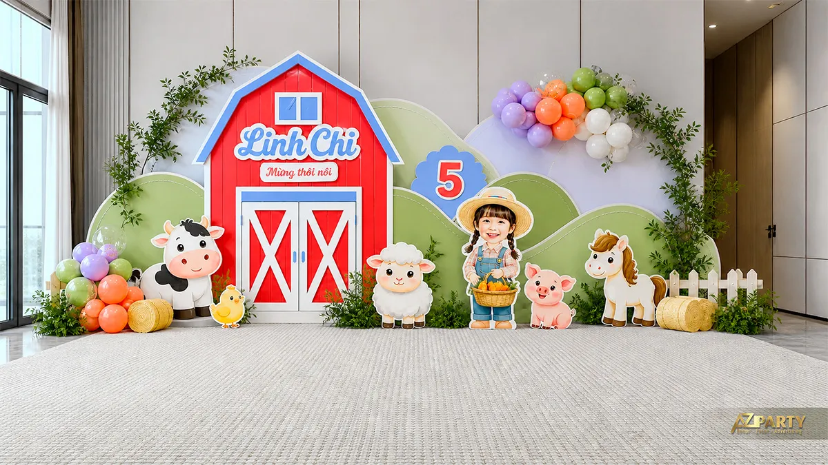 Backdrop nông trại hồng xanh với hoa và mô hình thấp