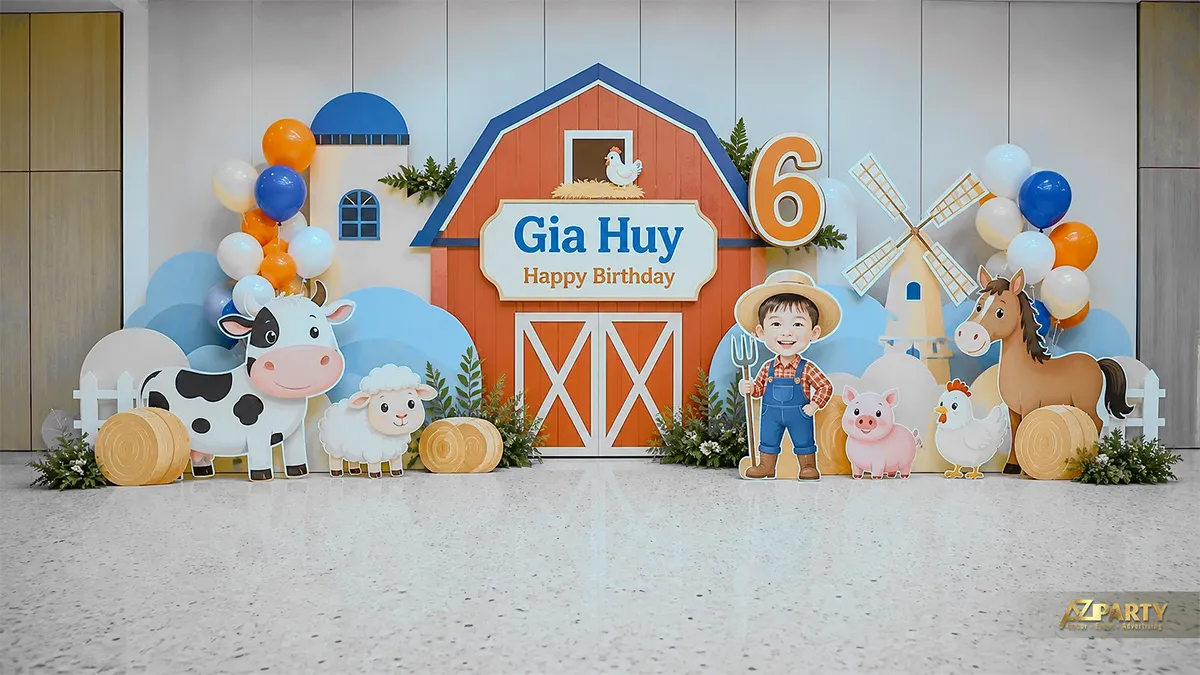 Góc tiệc Farm Land xanh cam với nhà kho và cánh đồng