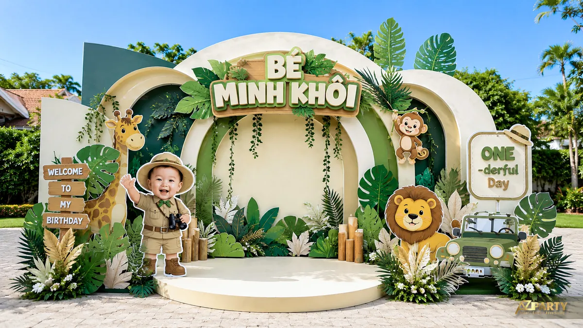 Trang trí thôi nôi rừng xanh ngoài trời cho bé Minh Khôi với hươu cao cổ, sư tử, xe jeep và bé explorer
