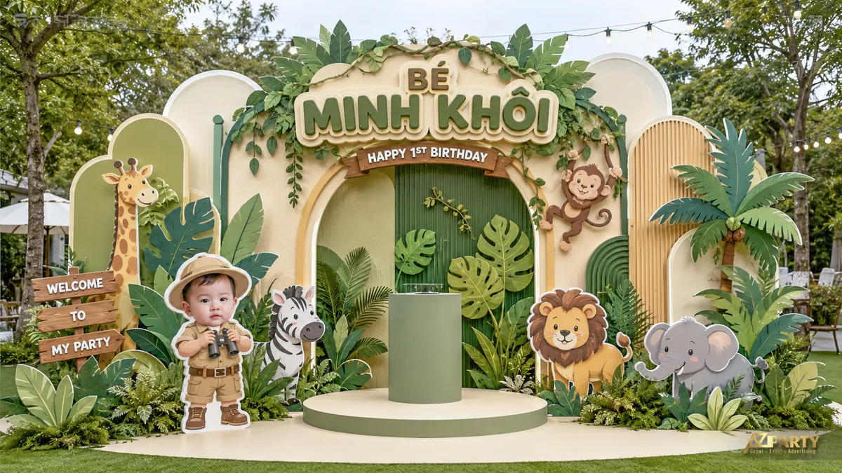 Backdrop thôi nôi bé Minh Khôi chủ đề safari với hươu cao cổ, ngựa vằn, sư tử, voi và khỉ