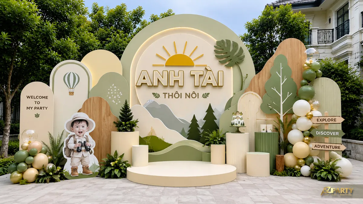 Backdrop thôi nôi Anh Tài chủ đề explorer rừng xanh với núi, cây thông, khinh khí cầu và bóng bay