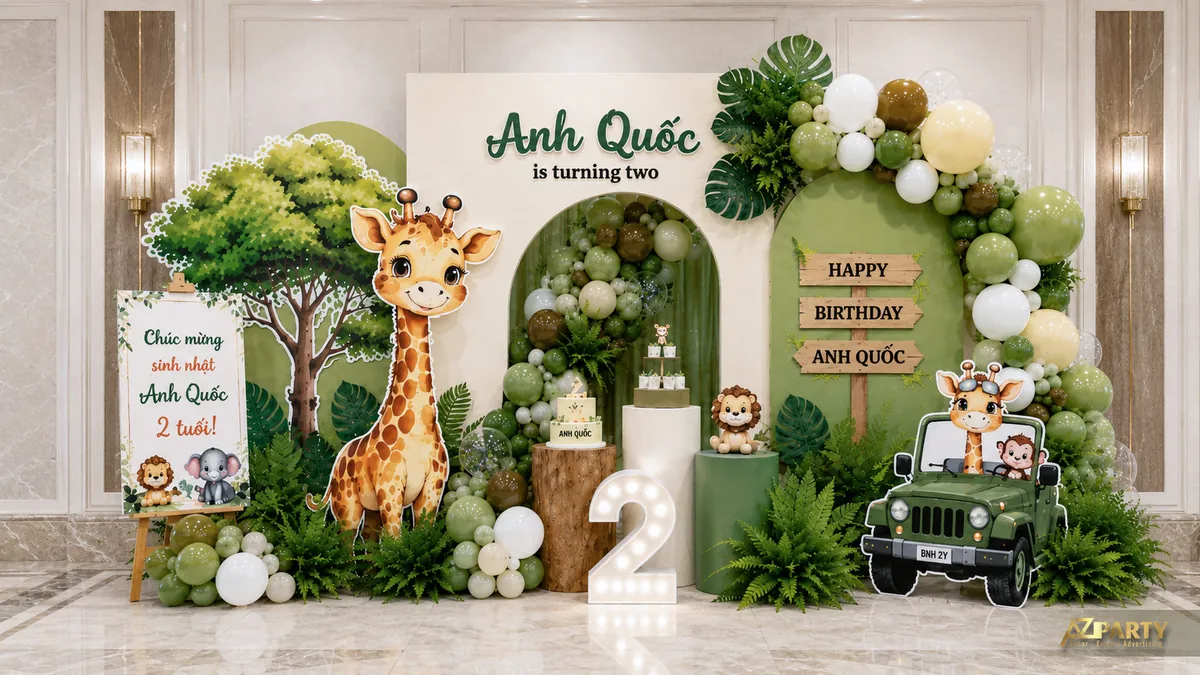 Trang trí thôi nôi Anh Quốc chủ đề rừng xanh với hươu cao cổ, sư tử, xe jeep và lá nhiệt đới