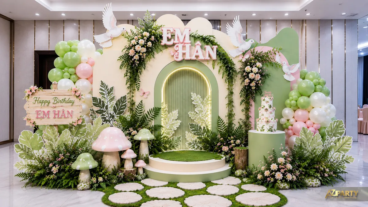 Backdrop sinh nhật Em Hân chủ đề rừng xanh pastel với chim trắng, nấm, hoa và lá trang trí