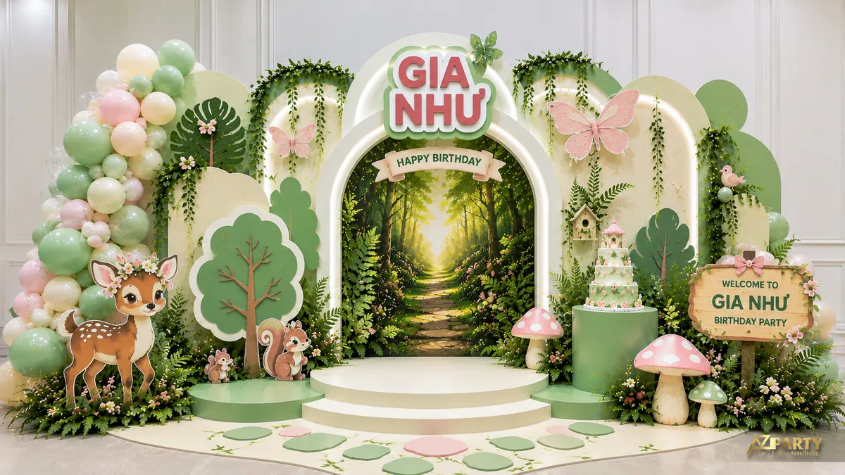 Sân khấu sinh nhật Gia Như chủ đề rừng xanh cổ tích với hươu, sóc, nấm và lối đi trong rừng