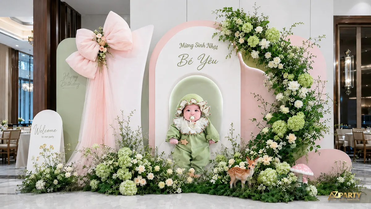 Trang trí sinh nhật Bé Yêu tone xanh hồng với hoa rừng, hươu con và backdrop pastel