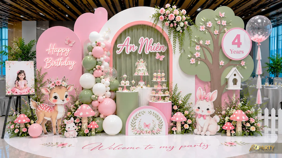 Trang trí sinh nhật An Nhiên 4 tuổi chủ đề rừng xanh pastel với hươu, thỏ, cây và nấm