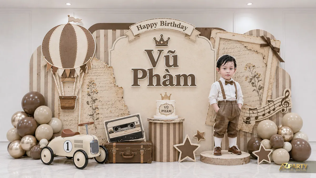 Concept thôi nôi với cassette, xe cổ, khinh khí cầu giấy, nốt nhạc và bé trai