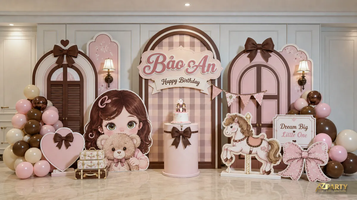 Góc tiệc hồng nâu với búp bê, gấu bông, nơ lớn và ngựa gỗ