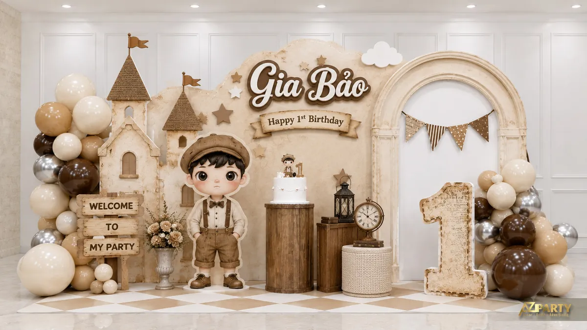 Trang trí thôi nôi vintage với lâu đài màu giấy cũ, bé trai, đồng hồ và cụm bóng nâu kem