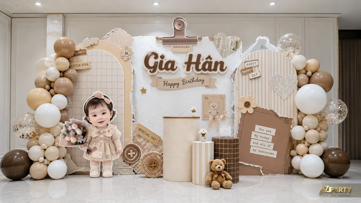 Backdrop scrapbook màu be với giấy xé, kẹp memories, gấu bông và bóng nâu kem