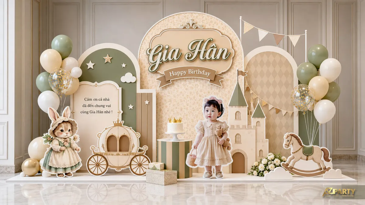 Góc thôi nôi xanh sage với xe ngựa, thỏ nhỏ, lâu đài và ngựa gỗ