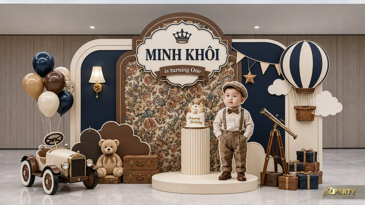 Backdrop bé trai với xe cổ, khinh khí cầu, kính thiên văn, vali nâu và nền xanh navy