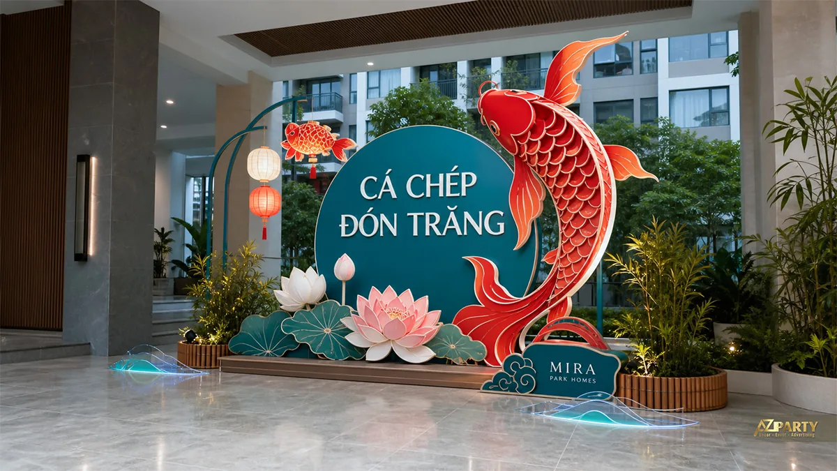 Cá chép đỏ bên hoa sen tại sảnh