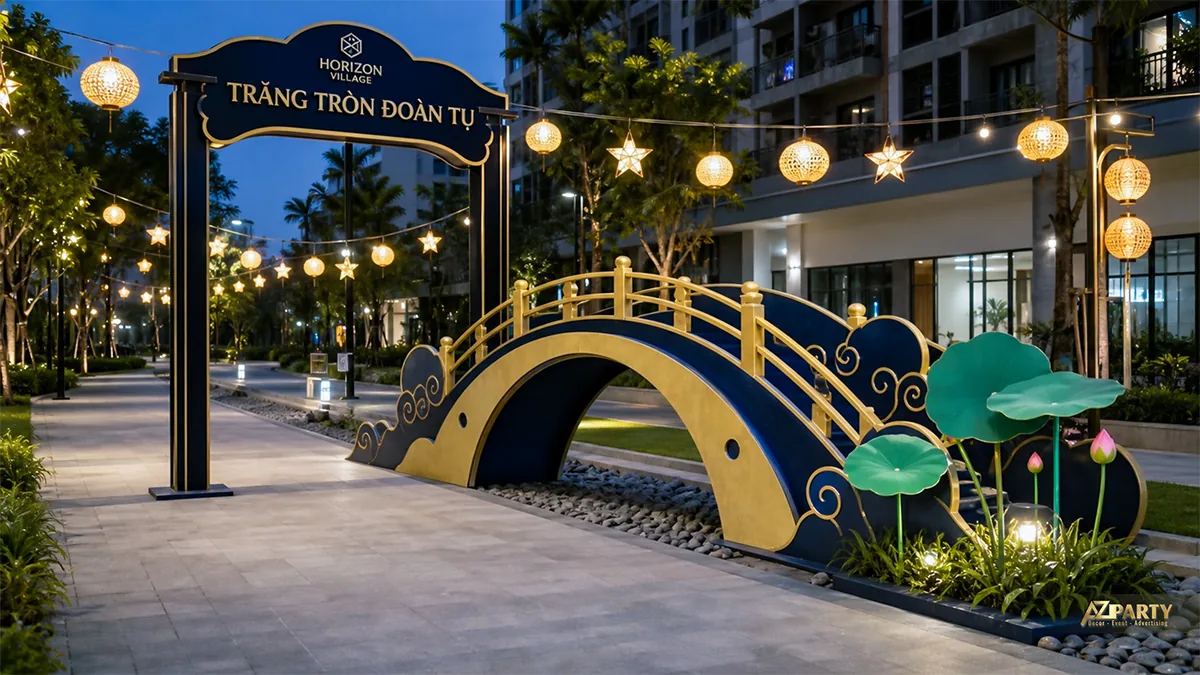 Cầu vàng và hoa sen dưới lồng đèn