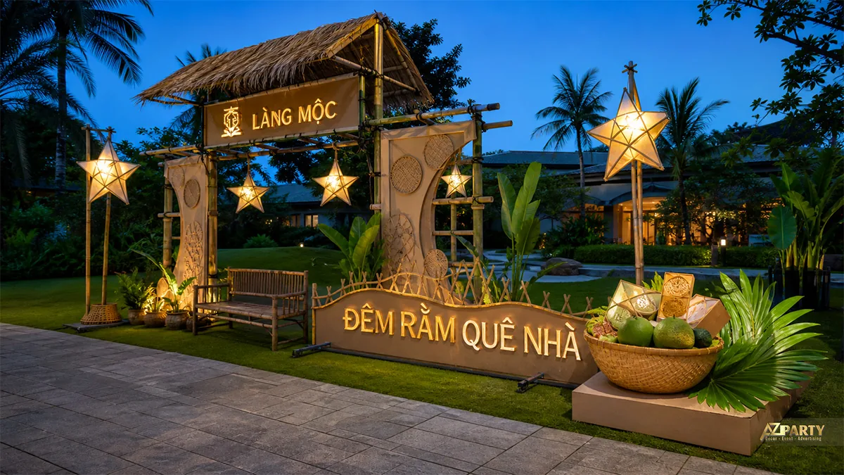 Góc làng quê với mái nhà và đèn sao