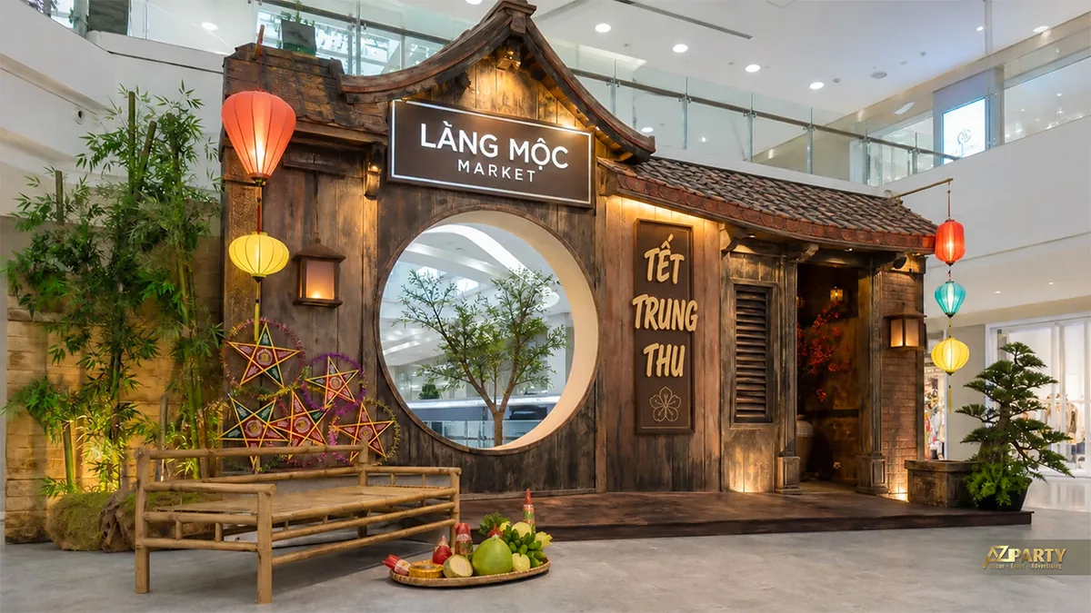 Góc làng quê gỗ và tre trong sảnh
