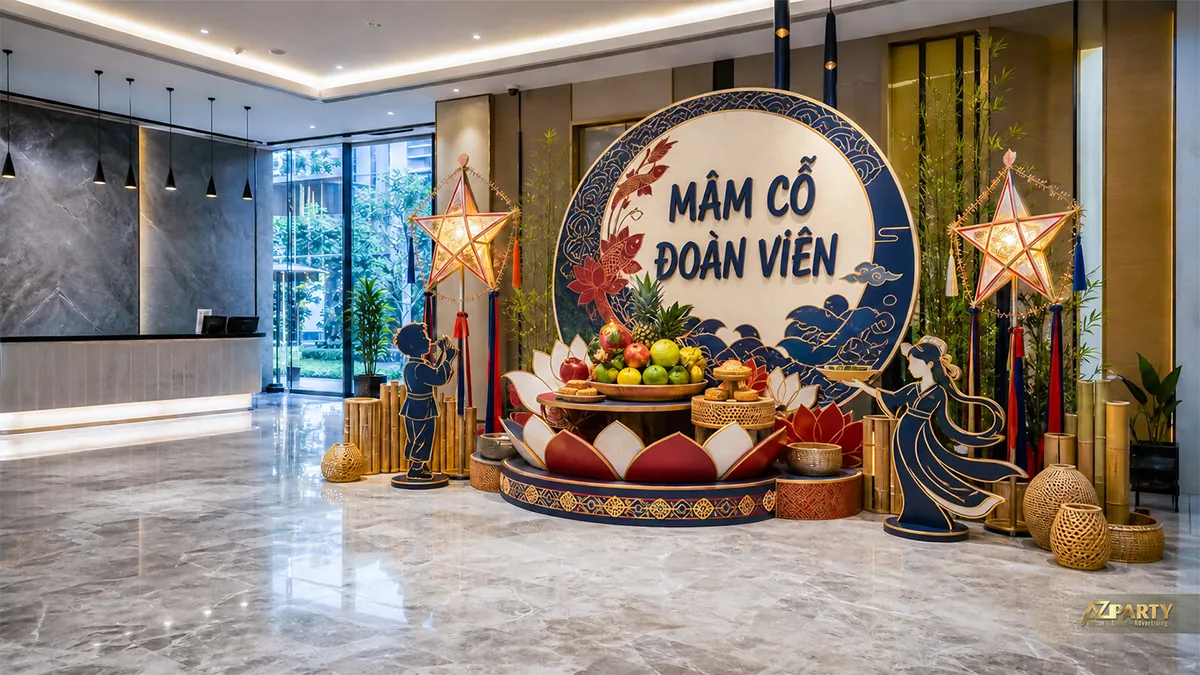 Mâm cỗ đoàn viên với bánh và trái cây