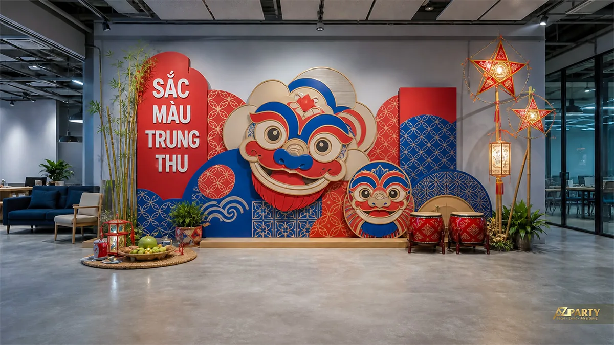 Đầu lân cùng trống và họa tiết sóng