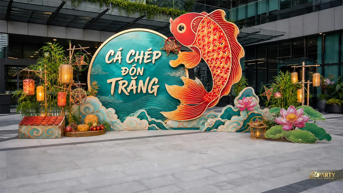 Cá chép đỏ bên mâm cỗ và đèn lồng