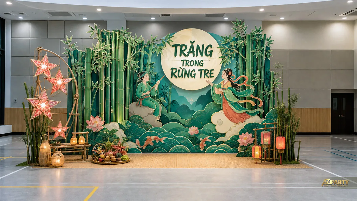 Rừng tre xanh cùng mâm cỗ và đèn sao