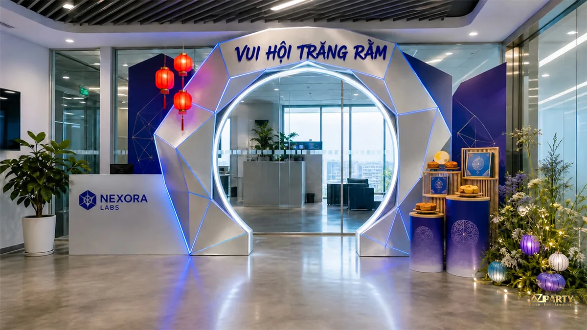 Góc lễ tân với cổng trăng xanh tím