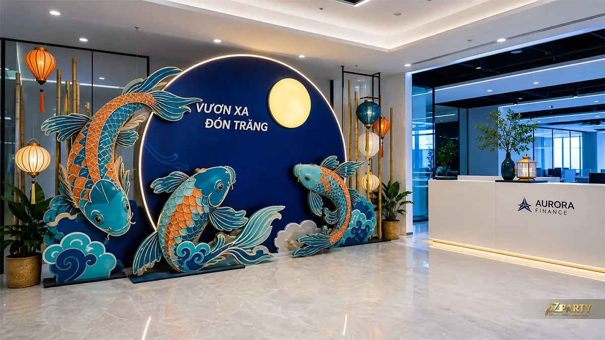 Vách cá chép xanh trước quầy lễ tân