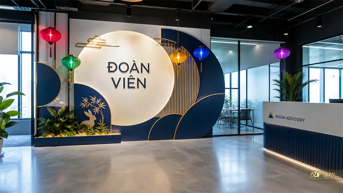 Vách trăng xanh navy cạnh quầy lễ tân