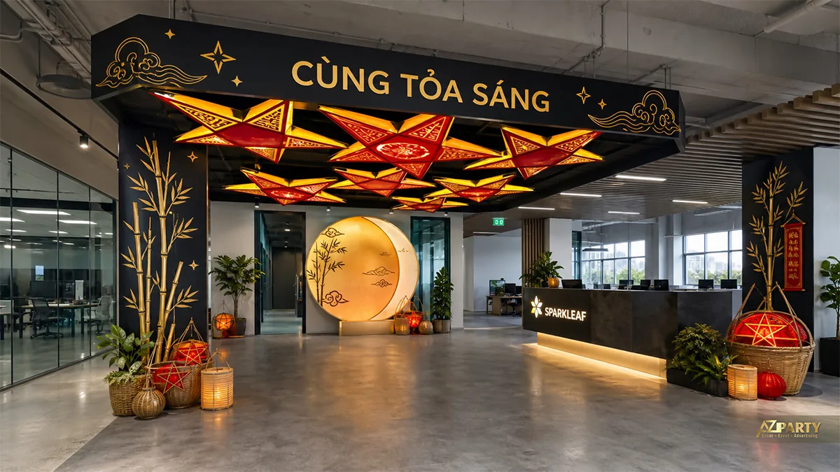 Trần sao đỏ vàng phía trên quầy lễ tân