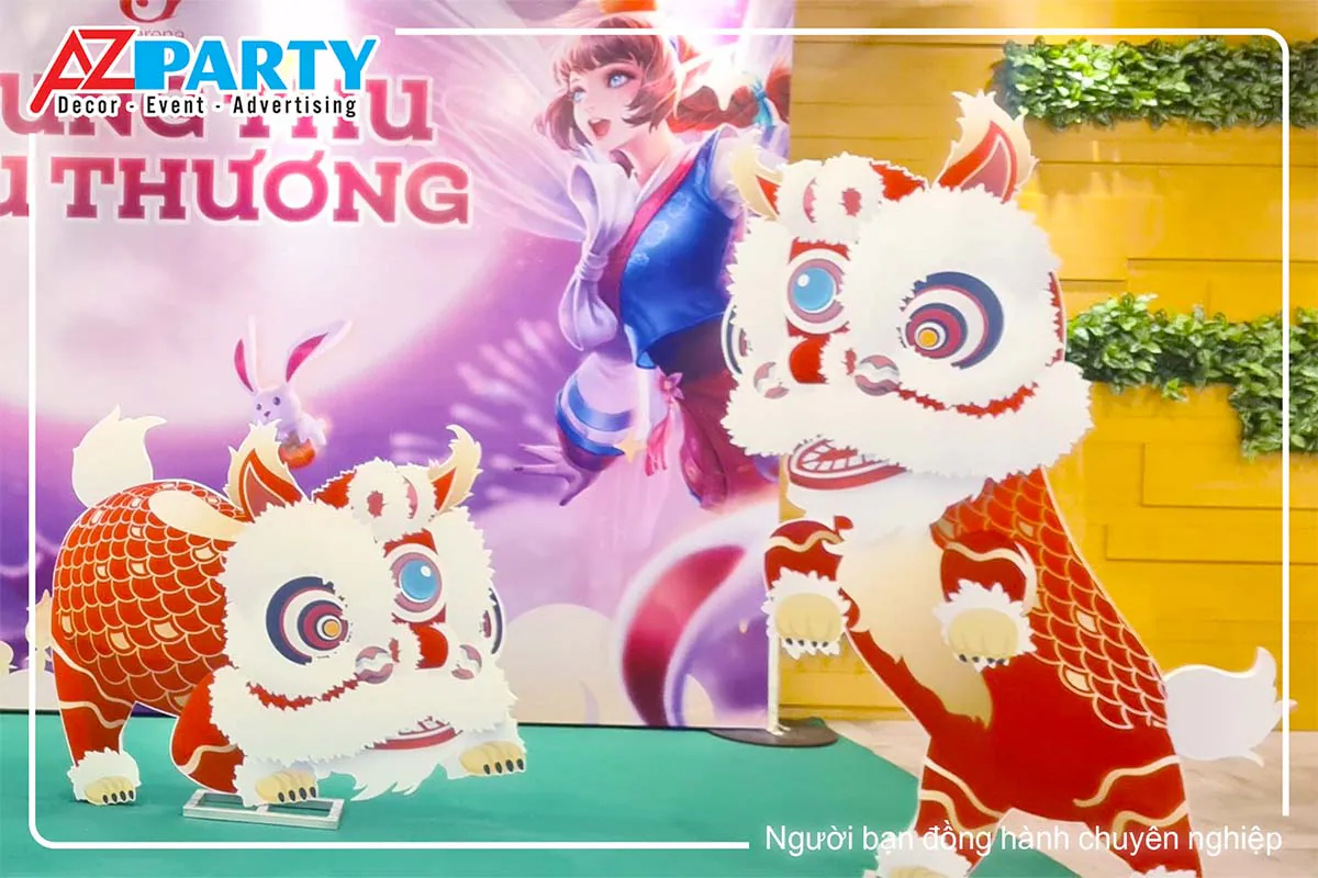 Mô hình đôi lân sư rồng đỏ trắng dễ thương trang trí cho ngày hội Trung thu tại Garena