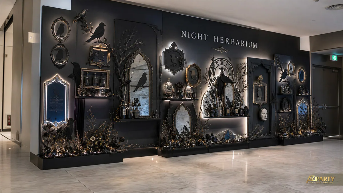 Tường trưng bày Night Herbarium với nhiều gương cổ, quạ đen, chai phép và hoa đen