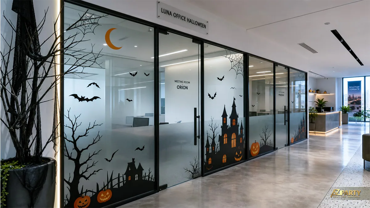Vách kính phòng họp trang trí Halloween với lâu đài, dơi, mạng nhện và trăng cam