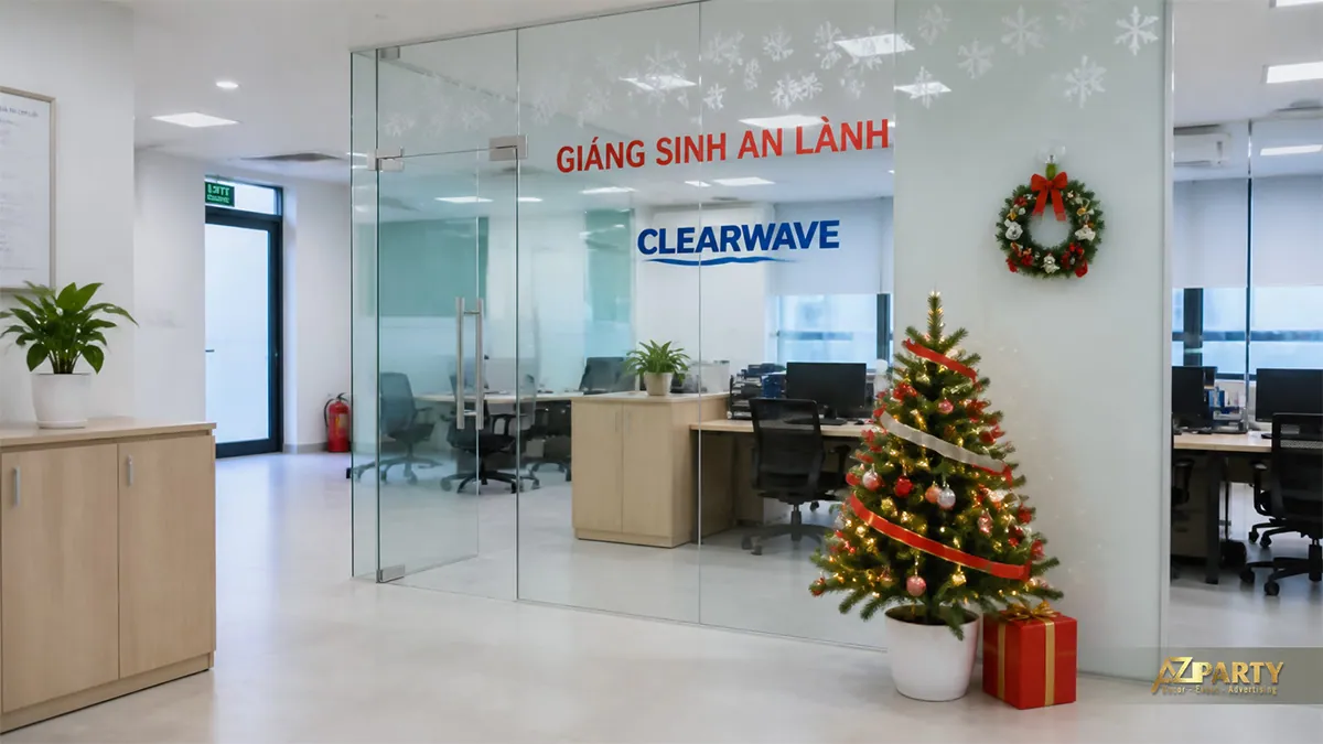 Vách kính văn phòng với decal bông tuyết, cây thông và vòng nguyệt quế