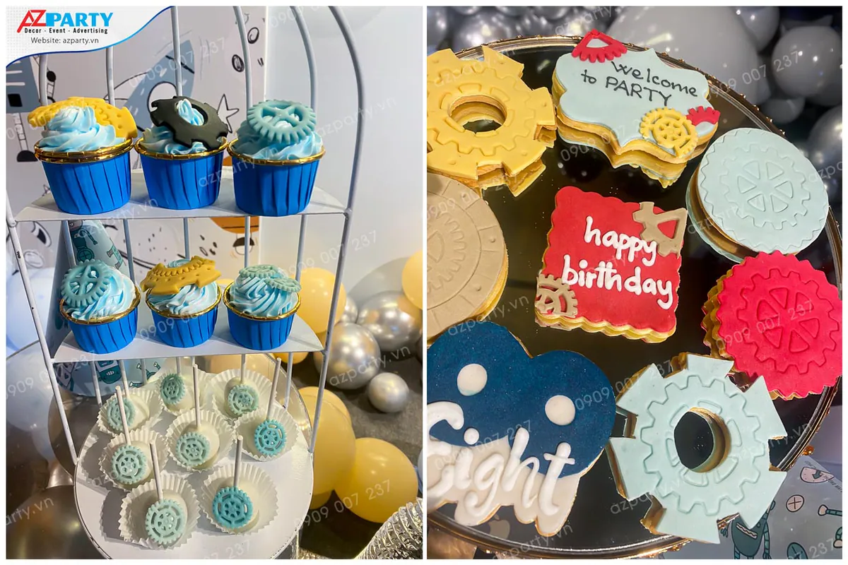 Các loại bánh ngọt như bánh quy icing tạo hình bánh răng độc lạ và bánh cupcake kem xanh xinh xắn phục vụ khách dự tiệc sinh nhật.