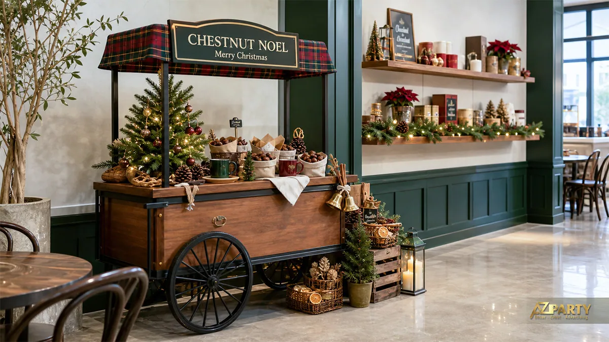 Xe đẩy hạt dẻ phong cách Noel cổ điển trong quán cà phê