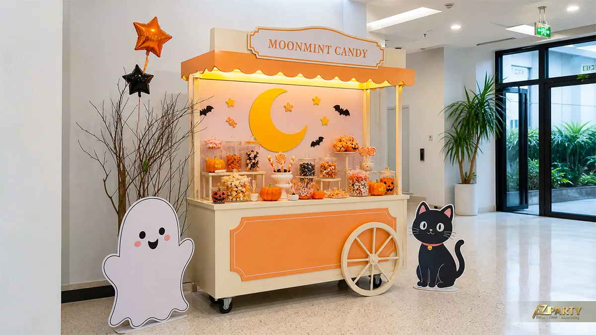 Xe kẹo Halloween màu cam với ma trắng, mèo đen, kẹo que và bí ngô