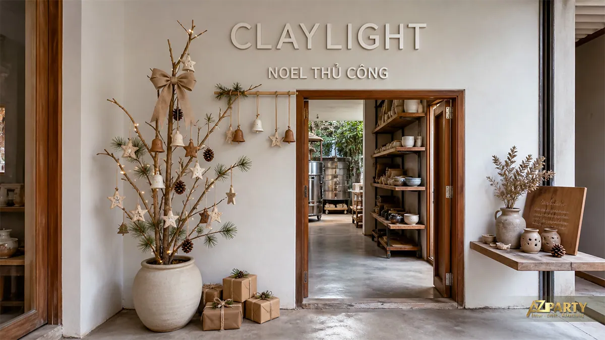 Xưởng gốm với cây thông cành khô, chuông và ngôi sao thủ công
