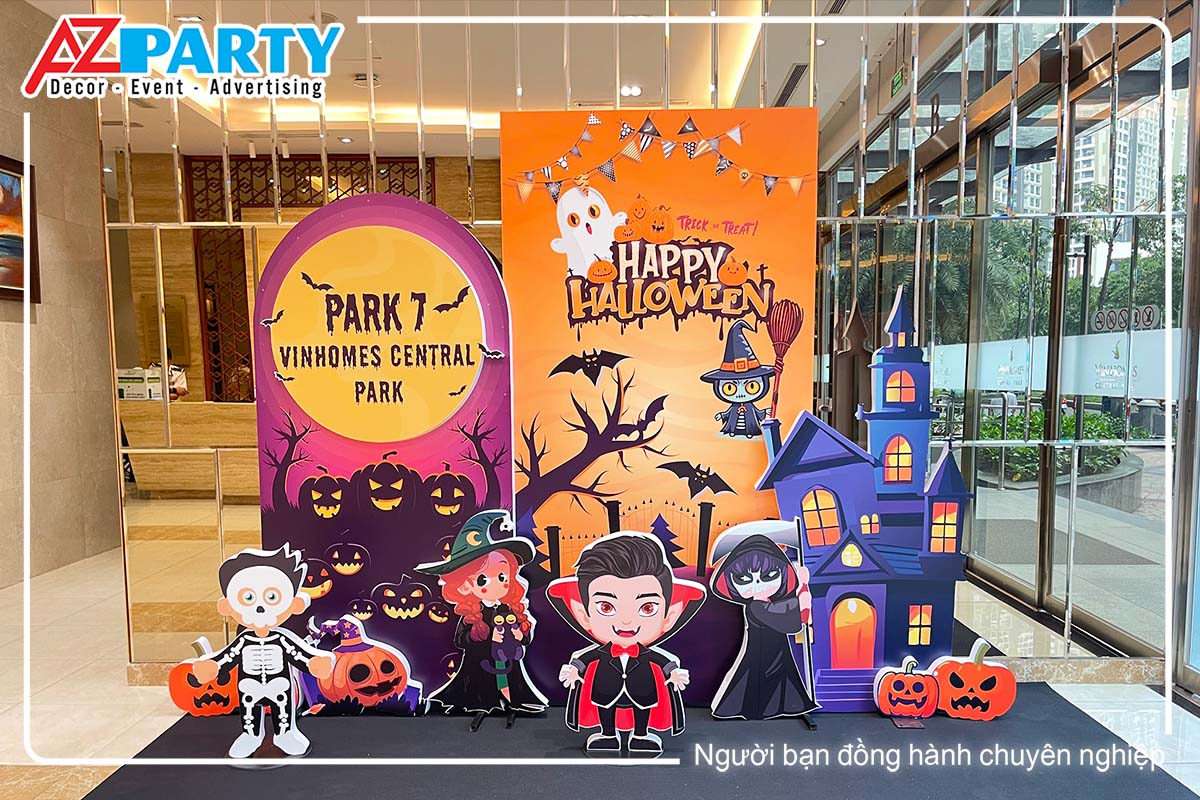 toàn cảnh tiểu cảnh halloween tại Vinhomes Central Park - Park 7 với các ảnh như phù thủy, bộ xương, ma cà rồng