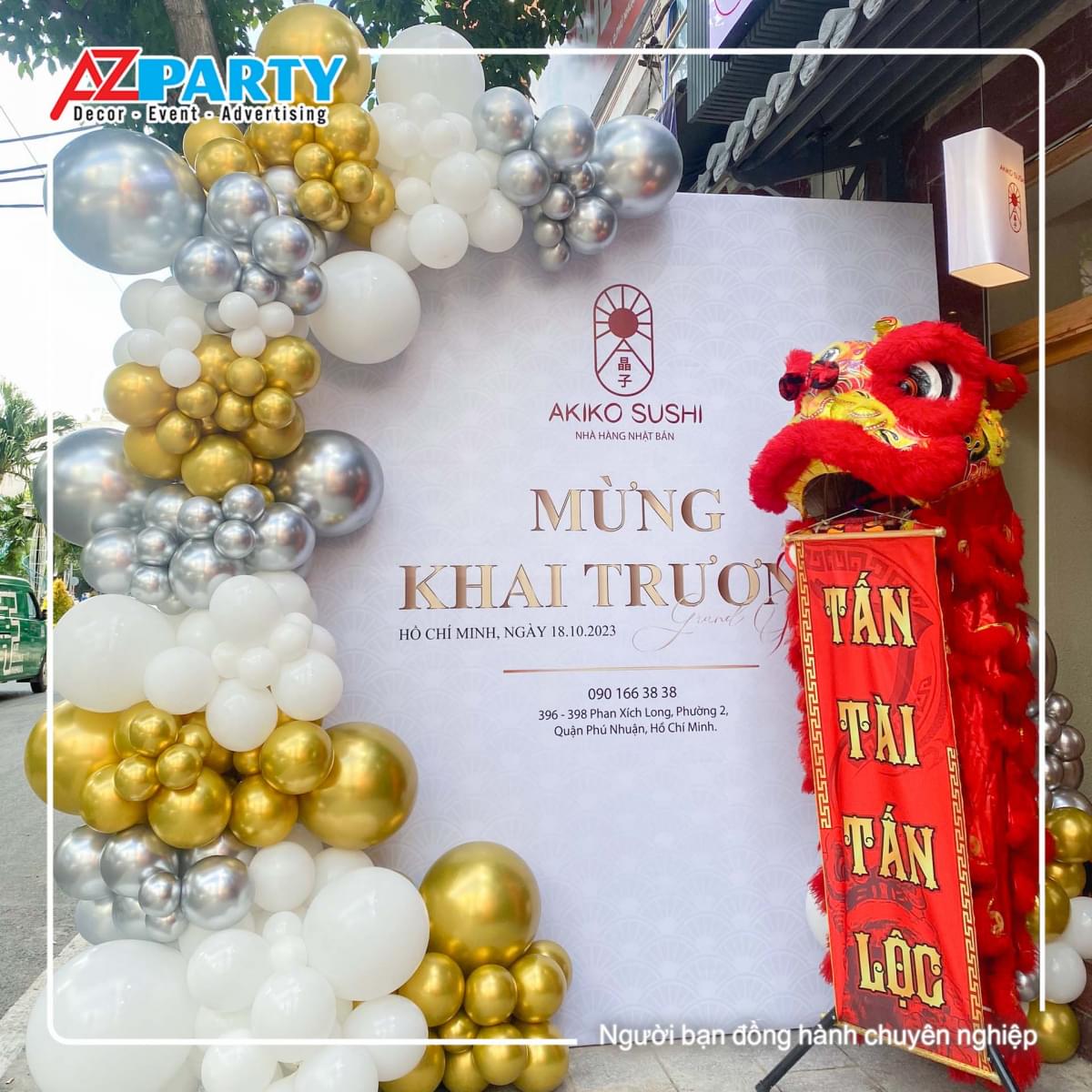 Backdrop khai trương tone trắng, vàng 