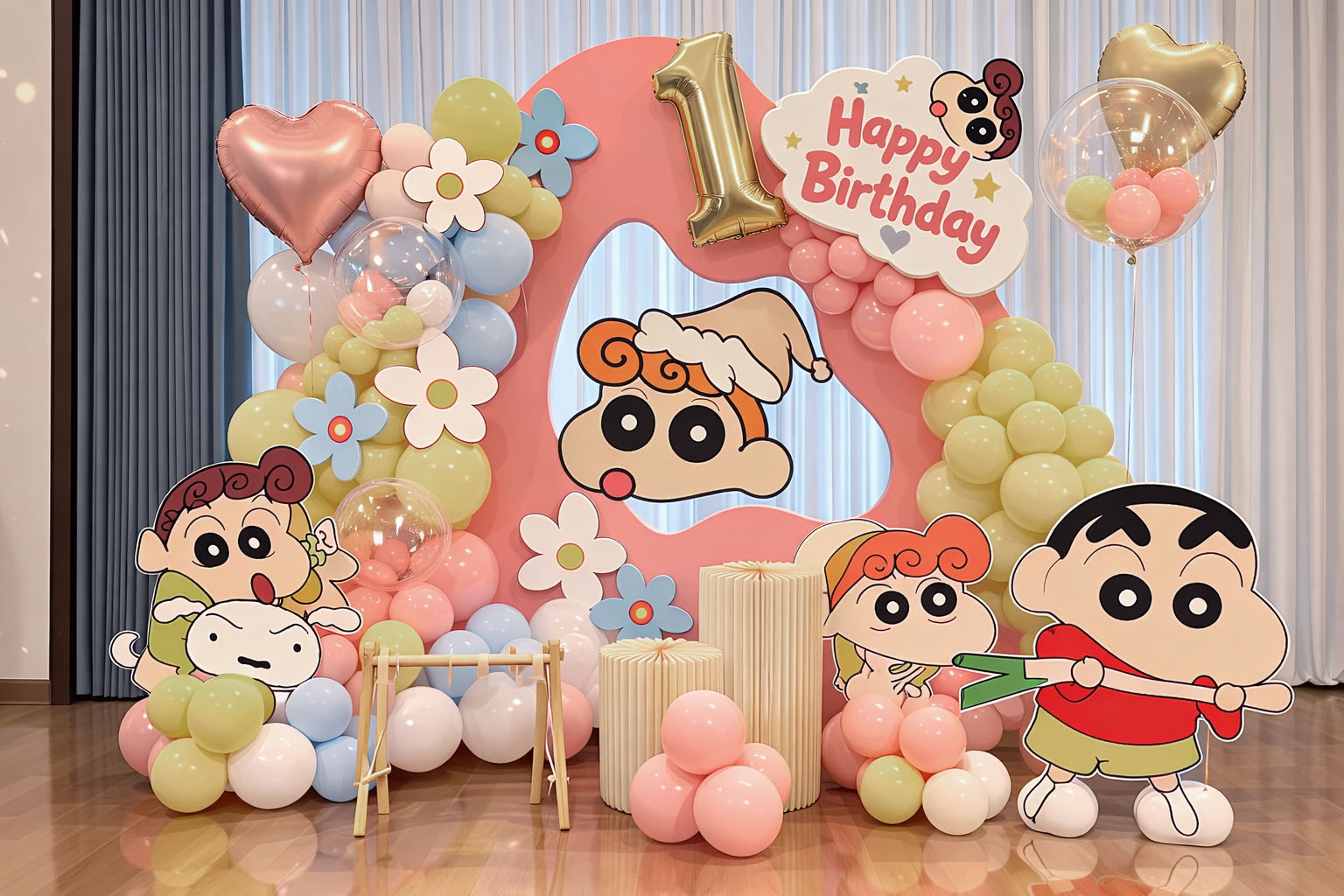 Backdrop sinh nhật 1 tuổi chủ đề Shin cậu bé bút chì tông hồng pastel với số 1 và bóng bay trang trí