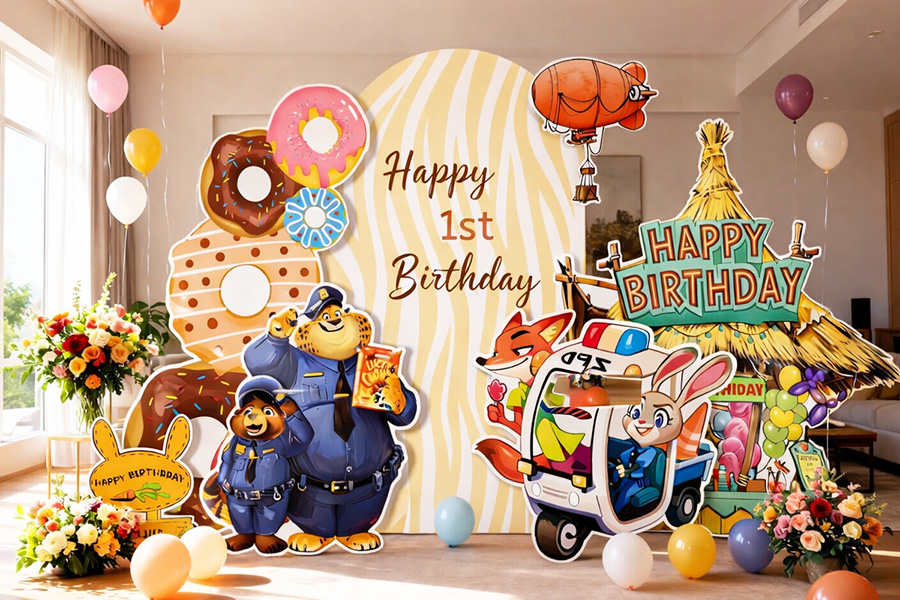 Backdrop sinh nhật chủ đề Zootopia Nick Judy với số 8 bánh donut, bảng Happy 1st Birthday và trang trí bóng bay cho tiệc sinh nhật bé.